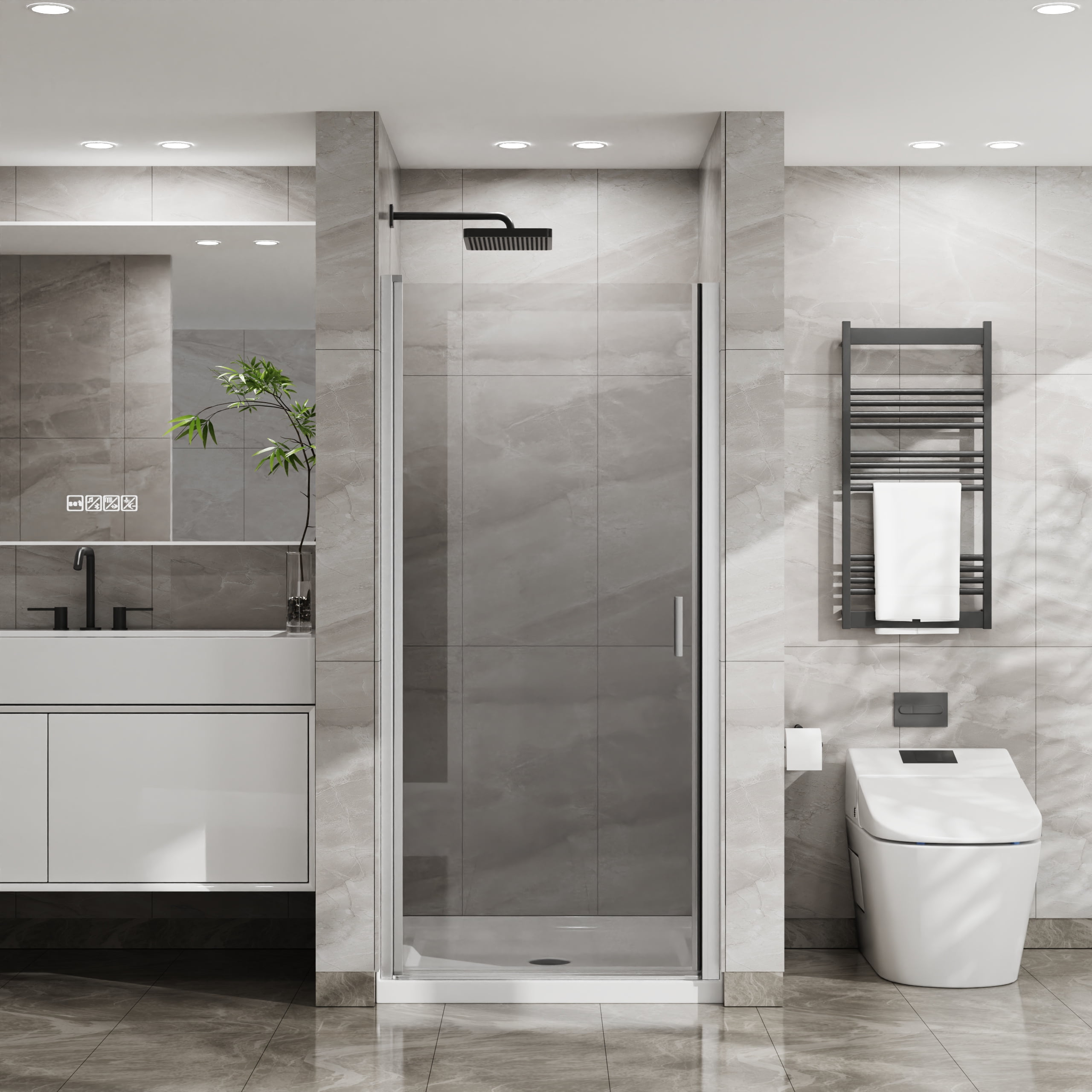 34"x72" Pivot Shower Door, 1/4 inch Thick Tempered Glass Swing Shower Door in Chrome Finish, Semi-Frameless Design
