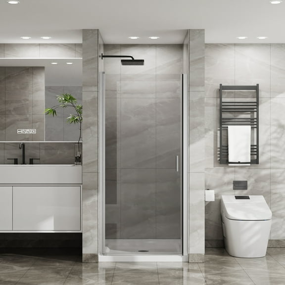 34"x72" Pivot Shower Door, 1/4 inch Thick Tempered Glass Swing Shower Door in Chrome Finish, Semi-Frameless Design