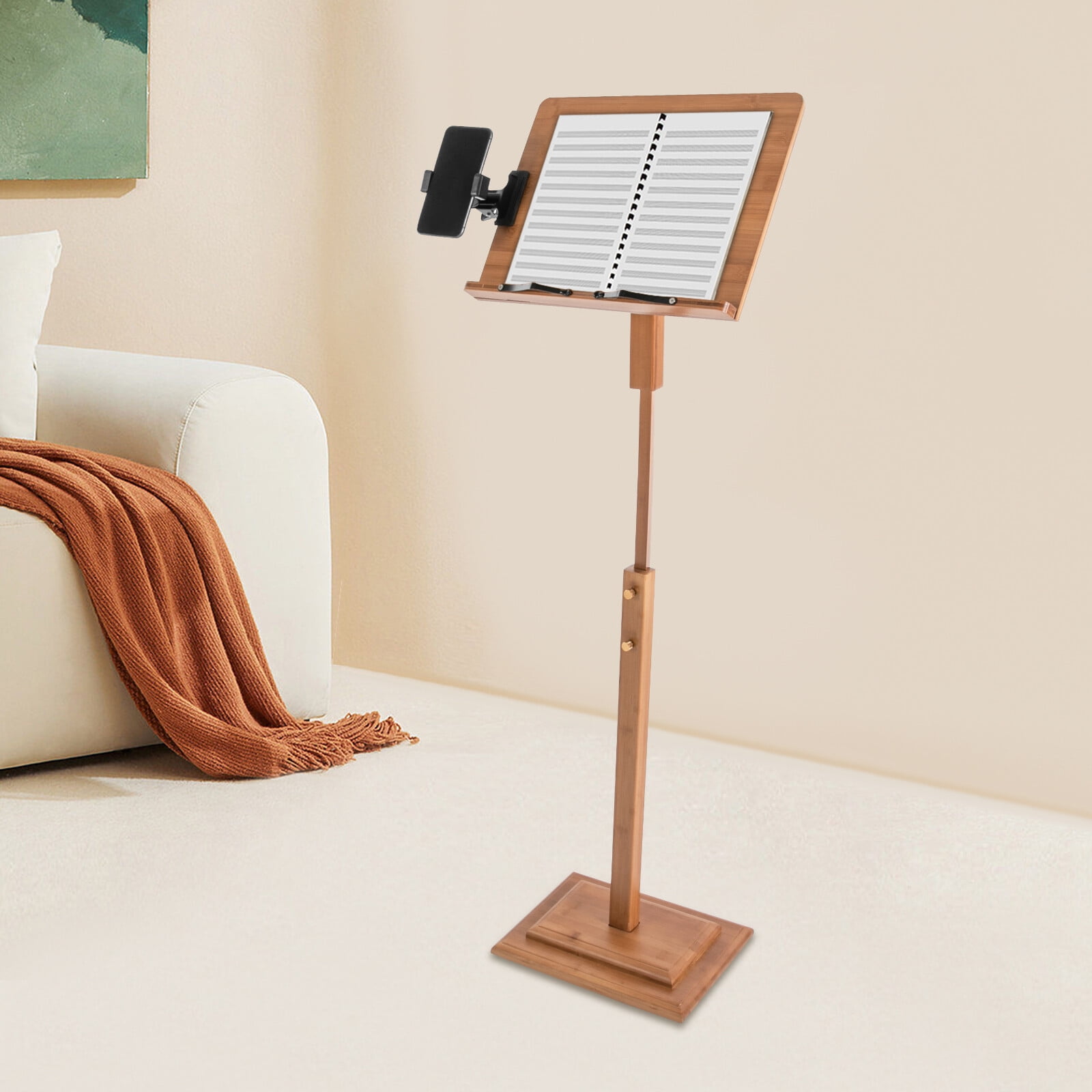340° Classic Brown Adjustable Height Portable Book Stand Sheet Pro Music Stand W/ Phone Holder