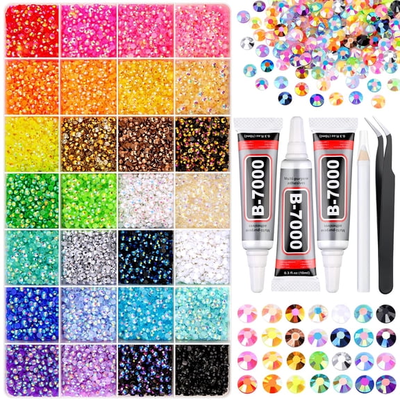 34000Pcs Resin Rhinestones for Bedazzling Kit, Mixed-Color 3mm Bedazzled Crystal with 3Pcs 10ml B7000 Jewelry Glue, Flatback Gems for DIY Crafts Clothing Nail Art Makeup
