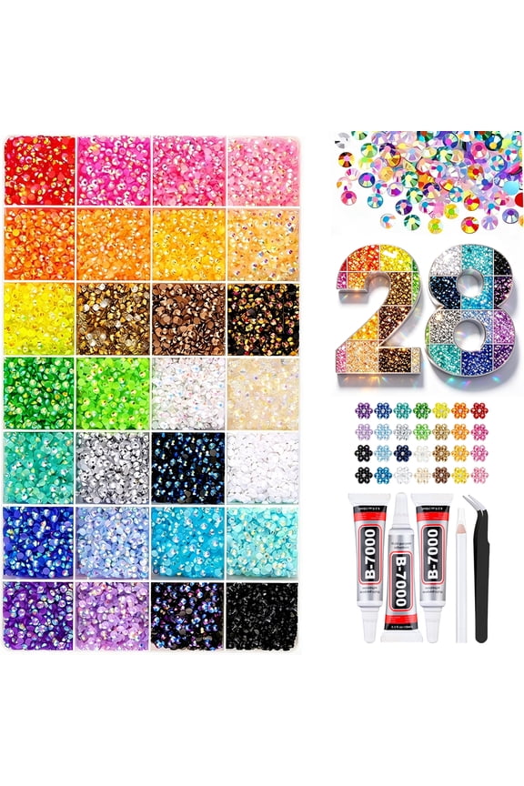 34000PcsJelly Rhinestones Bedazzling Kit, Multicolor 3mm Crystal with 3Pcs 10ml B7000 Jewelry Glue for Bedazzled Nail Art Crafting Makeup