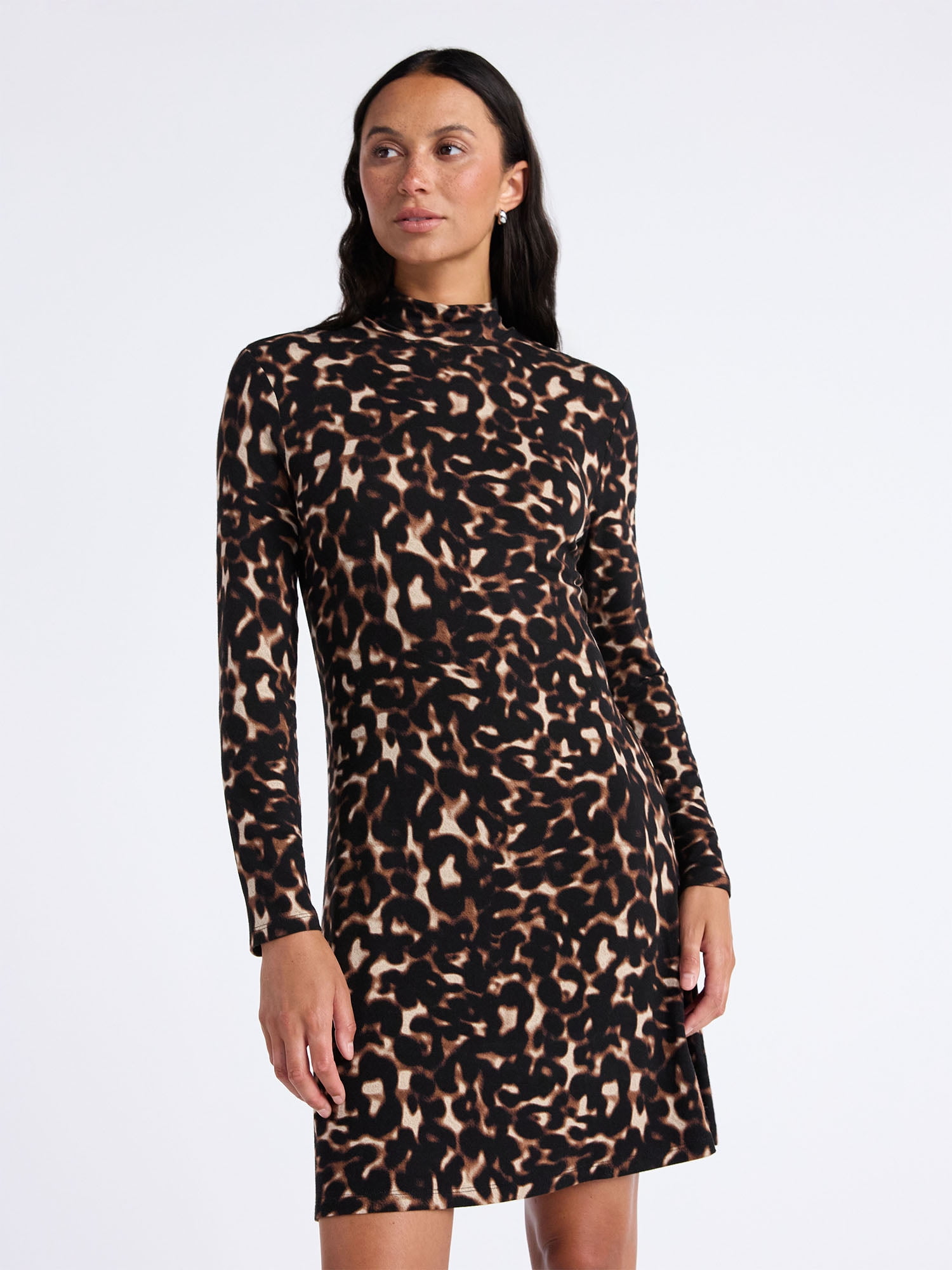 Time and Tru Women's Mock Neck Mini Dress with Long Sleeves