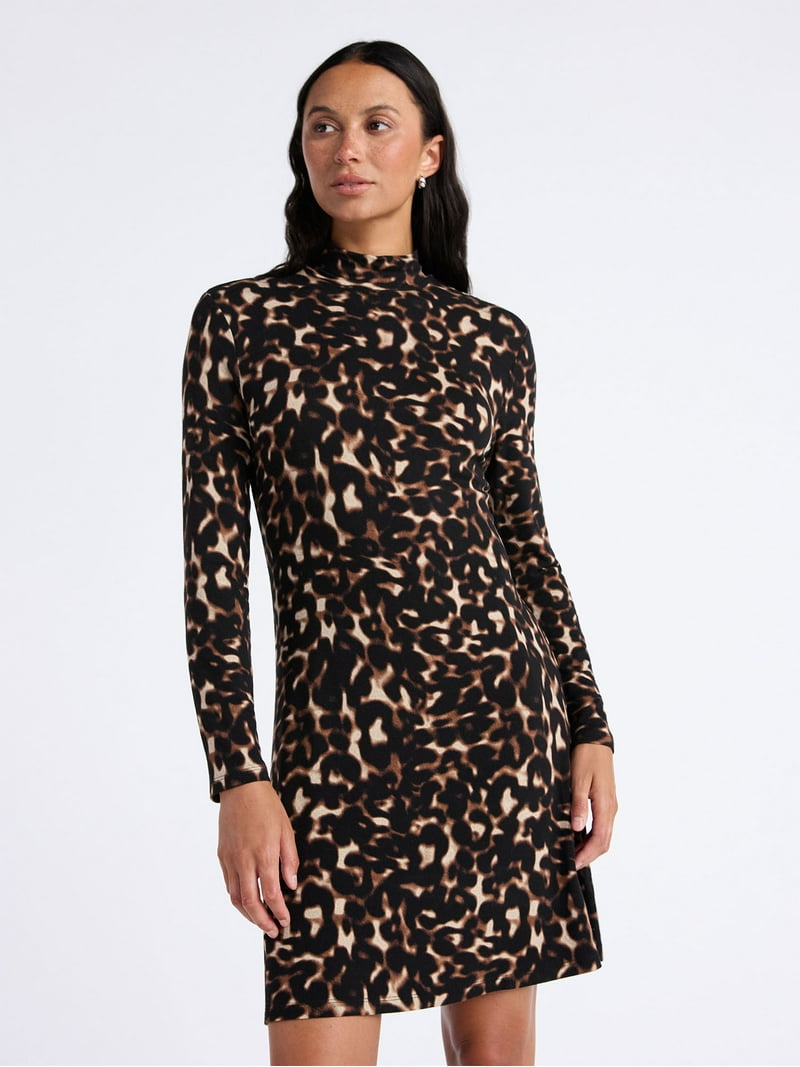 Time and Tru Women's Mock Neck Mini Dress with Long Sleeves, XS-XXXL Time and Tru Women's Mock Neck Mini Dress with Long Sleeves, XS-XXXL