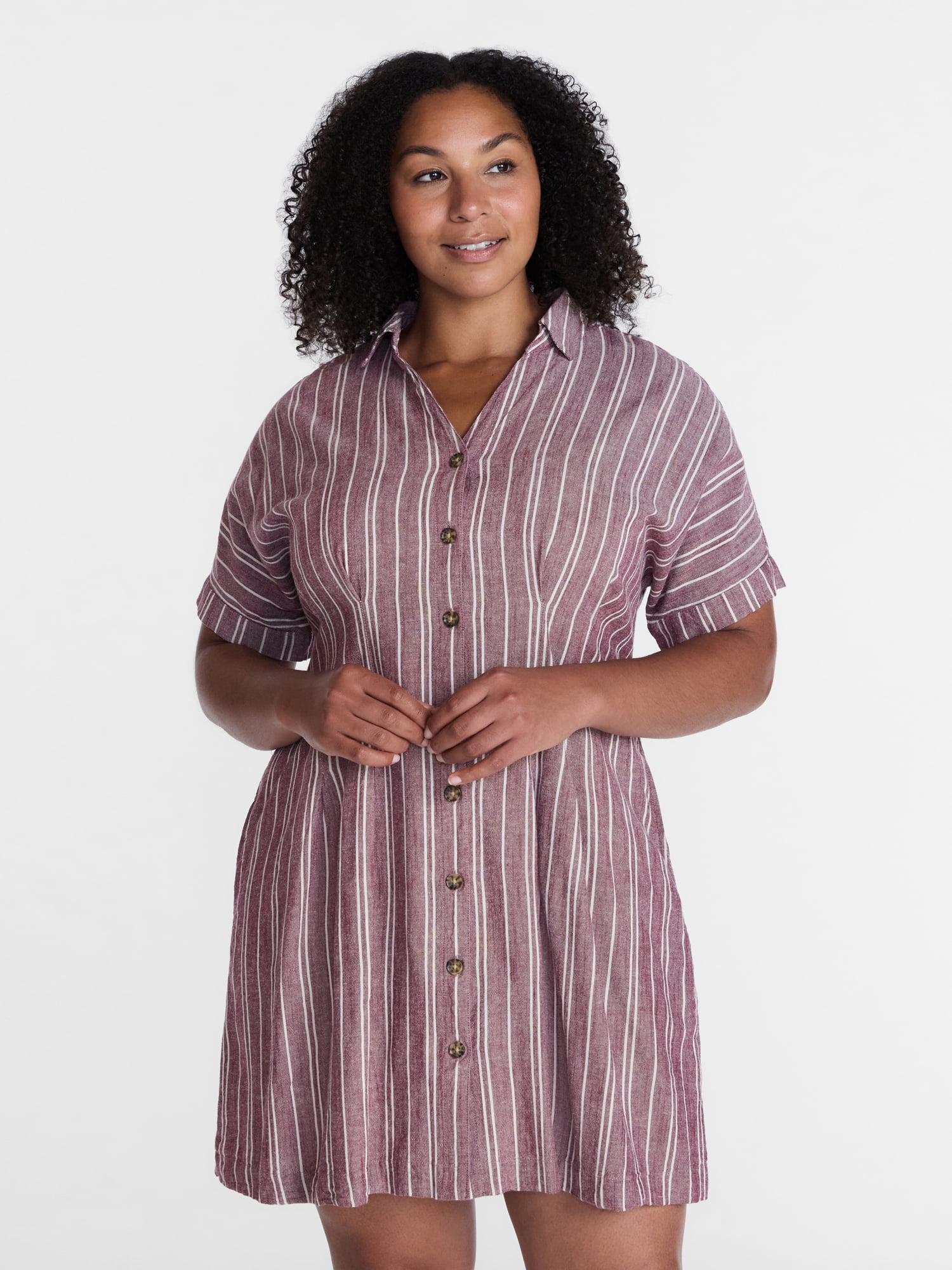 Time and Tru Women's Linen Blend Pleated Mini Shirtdress with Short Sleeves, Sizes XS-XXXL