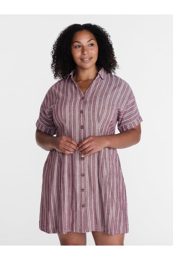 Women's Linen Blend Pleated Mini Shirtdress with Short Sleeves, Sizes XS-XXXL