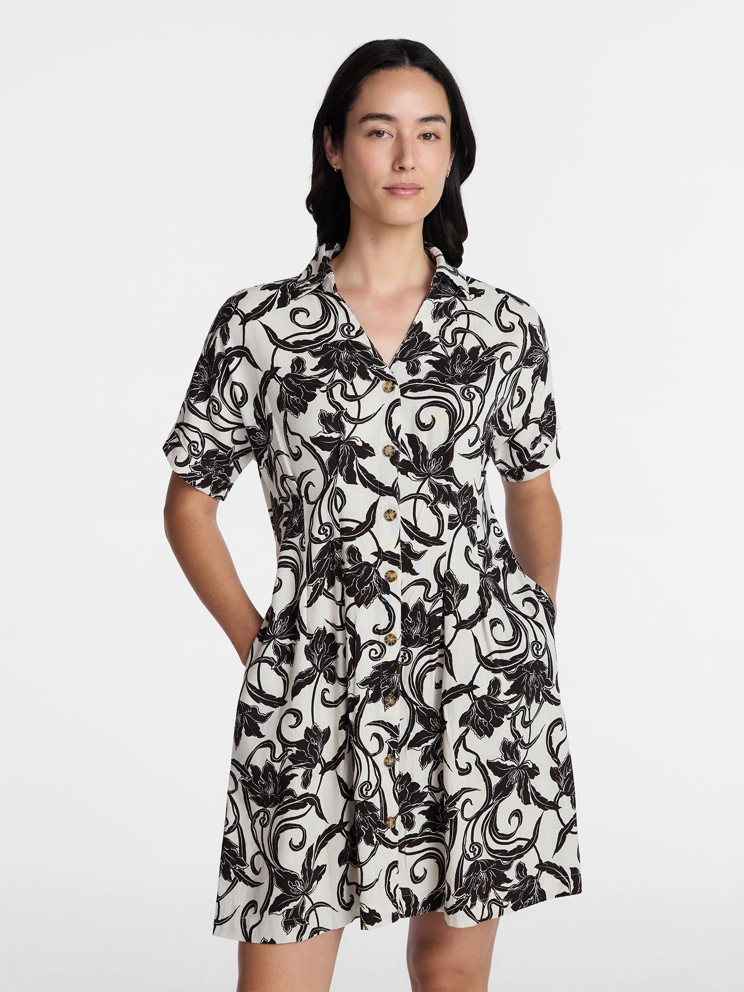 Time and Tru Women's Linen Pleated Waist Fit And Flare Mini Shirt Dress, Sizes XS-XXXL