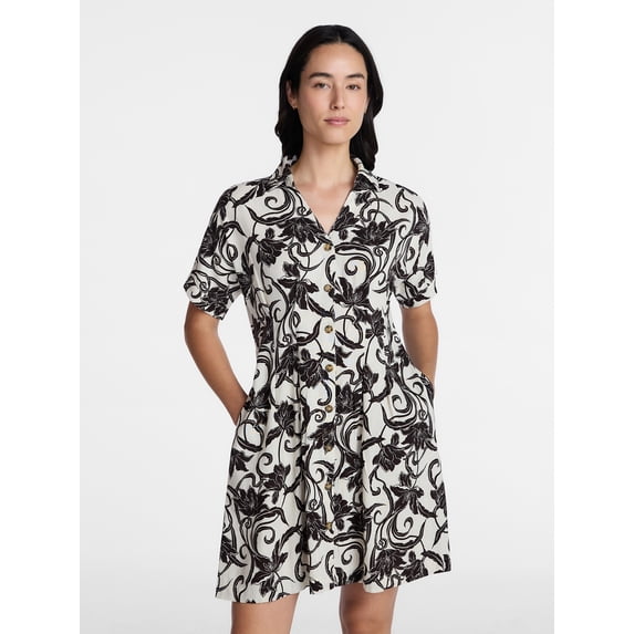 Time and Tru Women's Linen Pleated Waist Fit And Flare Mini Shirt Dress, Sizes XS-XXXL