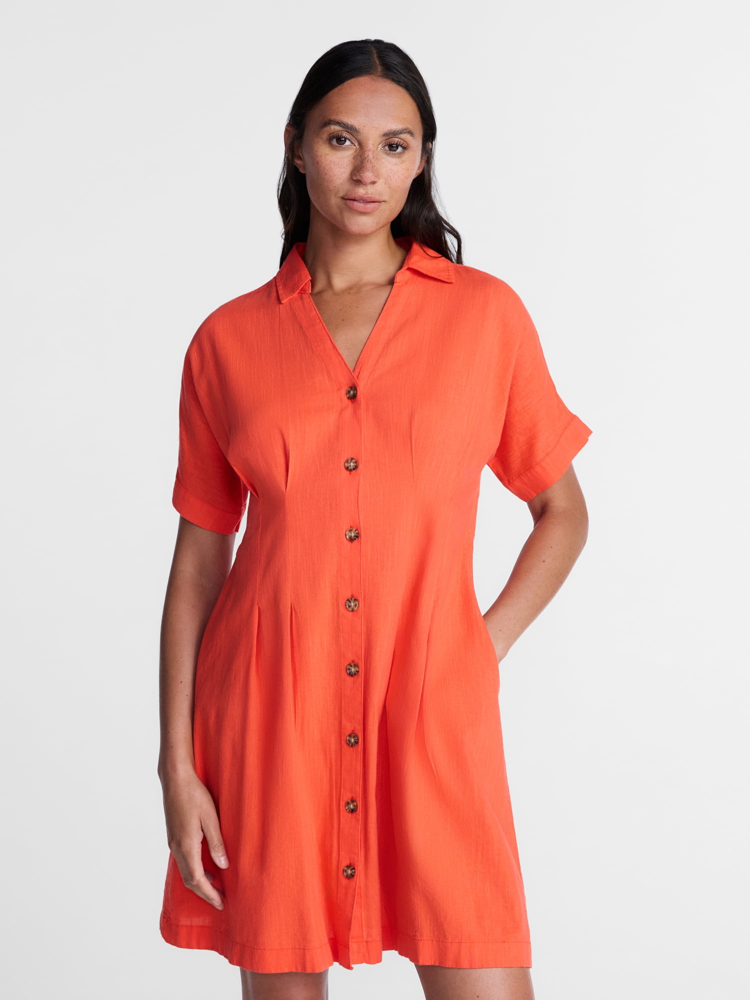 Time and Tru Women's Linen Pleated Waist Fit And Flare Mini Shirt Dress, Sizes XS-XXXL