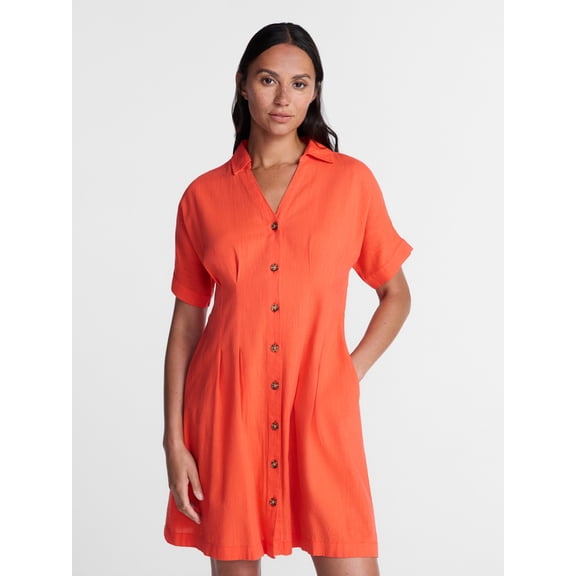 Time and Tru Women's Linen Pleated Waist Fit And Flare Mini Shirt Dress, Sizes XS-XXXL