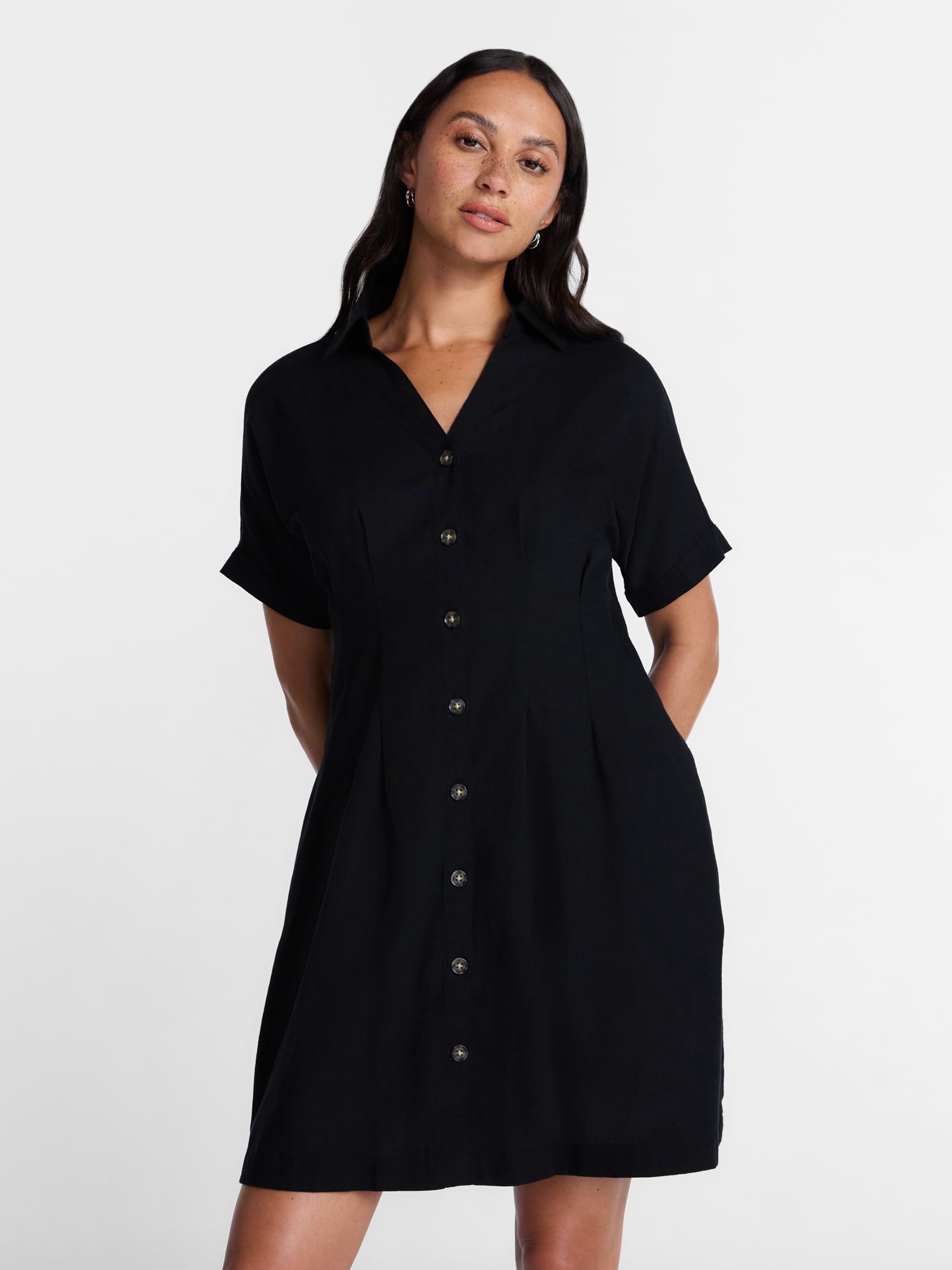 Time and Tru Women's Linen Pleated Waist Fit And Flare Mini Shirt Dress, Sizes XS-XXXL