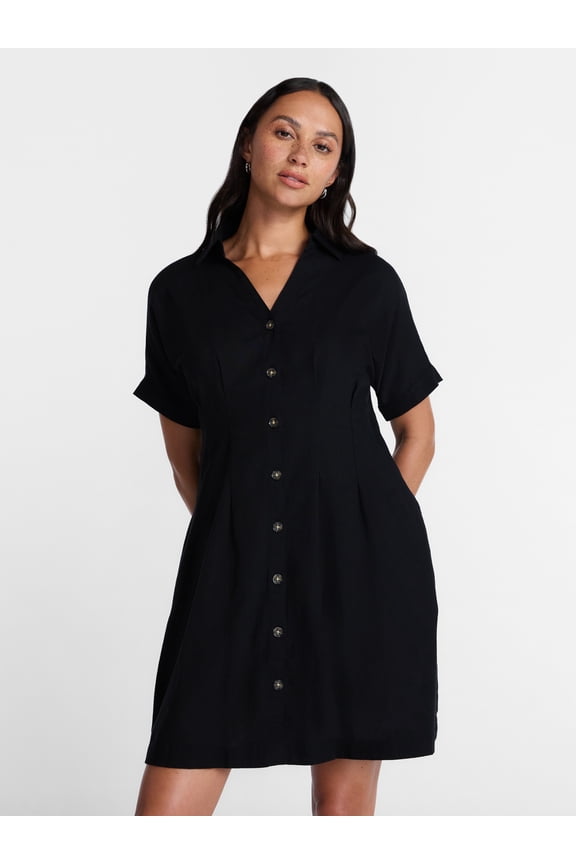 Women's Linen Blend Pleated Mini Shirtdress with Short Sleeves, Sizes XS-XXXL