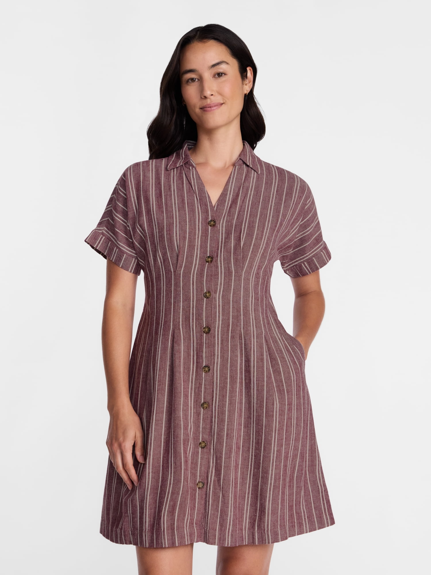 Women's Linen Blend Pleated Mini Shirtdress with Short Sleeves, Sizes XS-XXXL
