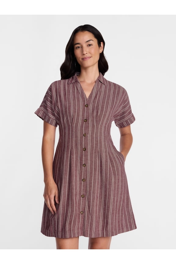 Women's Linen Blend Pleated Mini Shirtdress with Short Sleeves, Sizes XS-XXXL