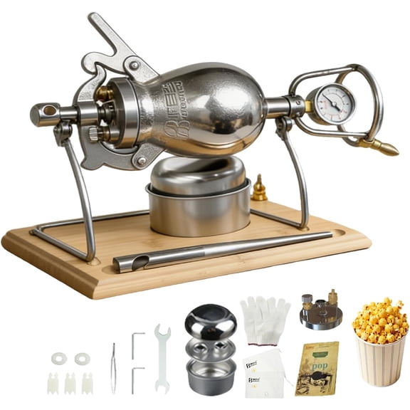 340ML Popcorn Machine 304 Stainless Steel Popcorn Maker High Pressure Hand Stick Pop Popcorn Popper for Movie Night Home Party Fun Silver