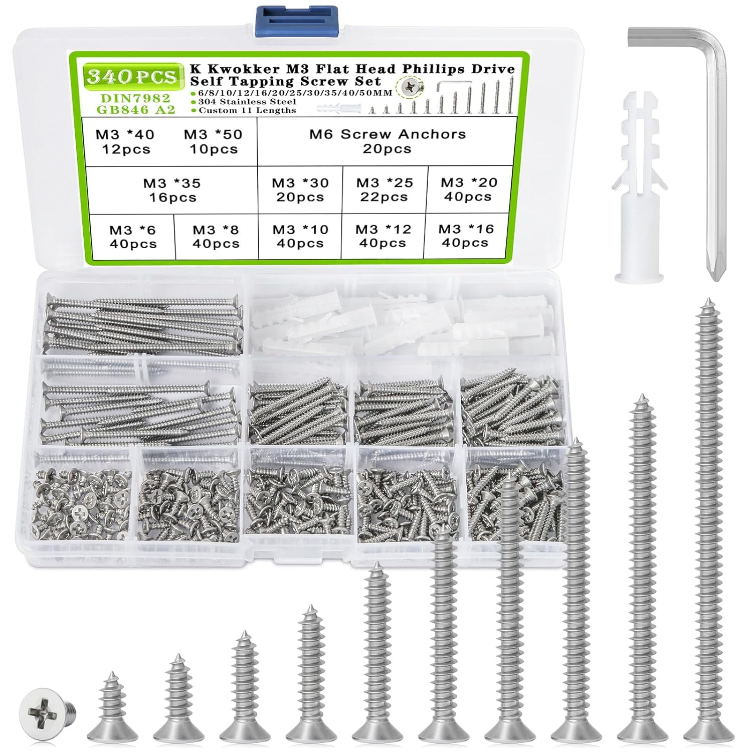 340PCS M3 Self Tapping Screws Assortment Kit, Phillips Flat Head