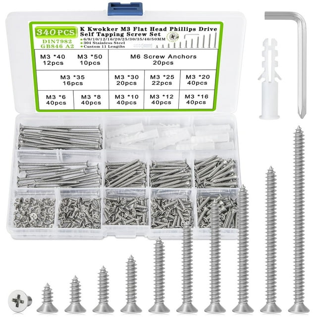 340PCS M3 Self Tapping Screws Wood Screws Assortment Kit, Phillips Flat