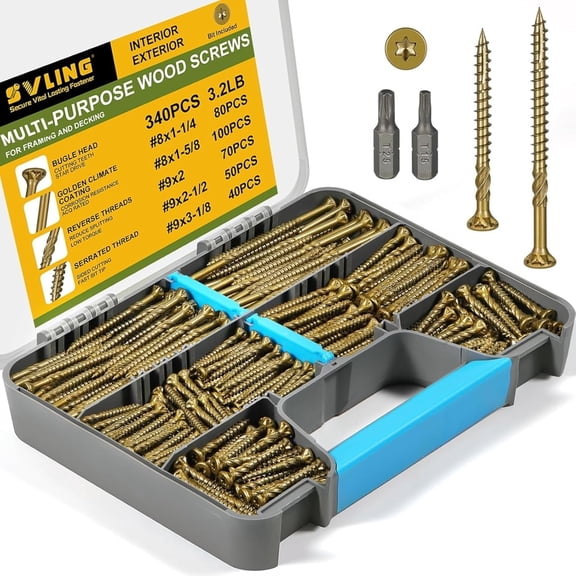 340Pcs Multi-Purpose Wood Deck Screw Kit,#8#9 Bugle Head for Interior and Exterior Use,Star Drive Torx Golden Coated with T15/T25 Bit