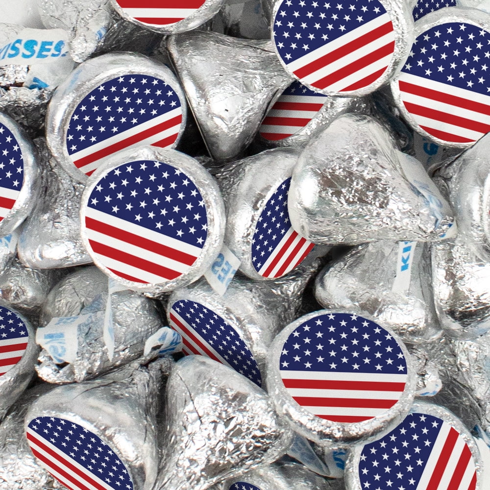 340ct Patriotic American Flag Stickered Hersheys Milk Chocolate Silver Foiled Bulk Kisses (3.4lb)