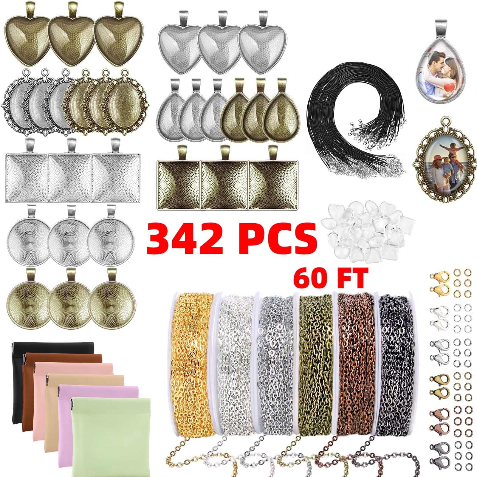 342Pcs Necklace Making Kit Adult,Pendant Trays Set for Jewelry Making with Glass with Fine Storage Pouch, Cabochons, 60ft Jewelry Chain 6 Color Plated Metal, Open Jump Rings, Lobster Clasps