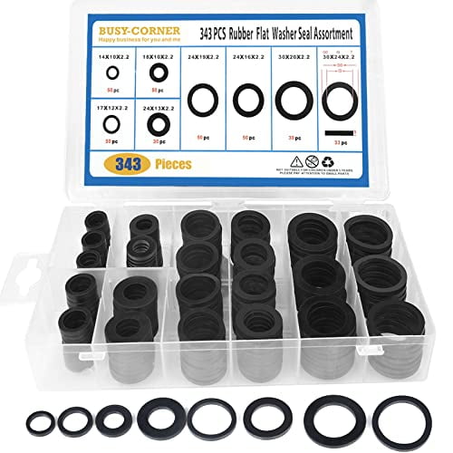 343 Pieces Rubber Flat Washer Gasket Assortment, Buna-N 70A, 8 Sizes, for Everyday Washer Needs, Ideal Repair Kit for Faucet or Plumbing