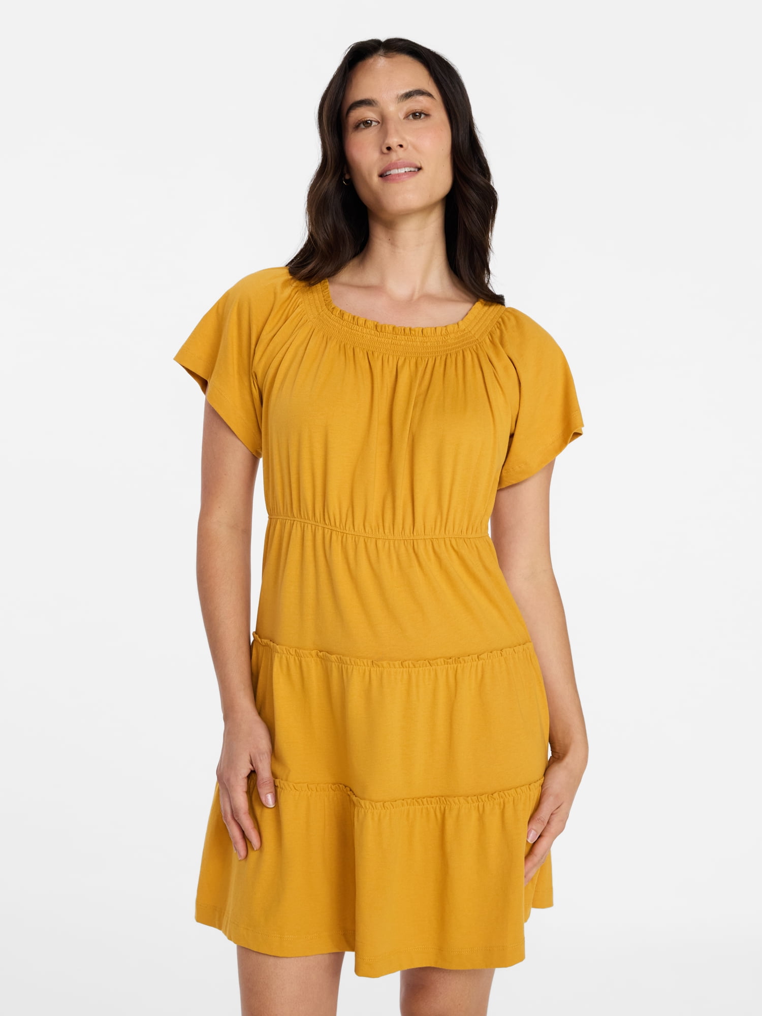 Time and Tru Women's Tiered Cotton Mini Dress with Flutter Sleeves, Sizes XS-XXXL