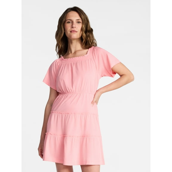 Time and Tru Women's Tiered Cotton Mini Dress with Flutter Sleeves, Sizes XS-XXXL