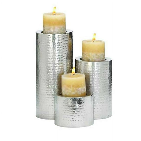 34569 Antiqued Metal Glass Candle Holder, Silver - Set of 3
