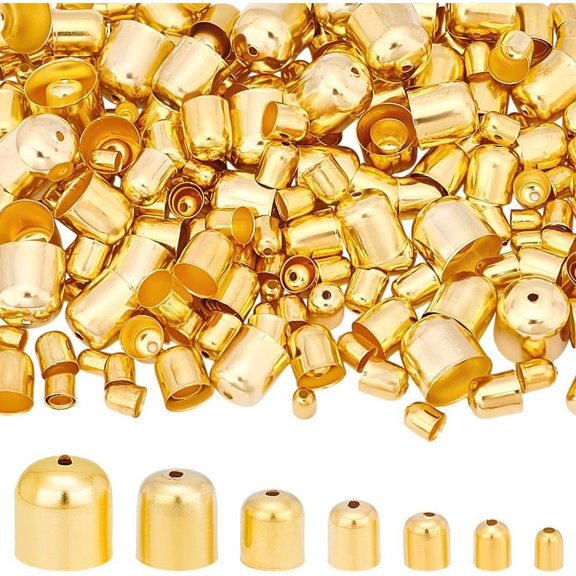 345Pcs Cord Ends Caps 7 Sizes Column End Caps Tube Crimp Beads Leather Cord Ends Bead Caps for DIY Craft Necklace Bracelet Jewelry Tassels Making Golden 1 Set