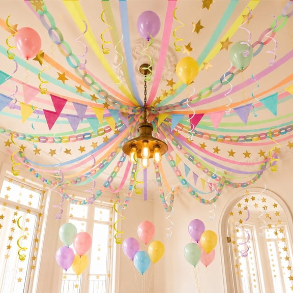 345pcs Pastel Birthday Decoration Fancy Chains Crepe Streamers Pennant Banner Flags Gold Star Garlands Hanging Swirls Pastel Balloons for Wedding Graduation Birthday Baby Shower Decors VT4