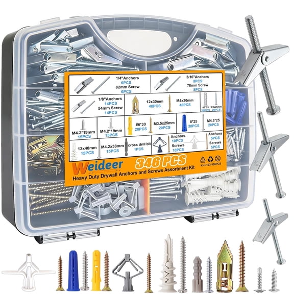 346PCS 11Sizes Drywall Anchors and Screws Assortment Kit,Toggle Bolts and Wing Nut Kit,Plastic Dry Wall Anchors with Wood Screws Handheld Box (1/4" 3/16" 1/8" #6#7#8 M8 M12 M13)