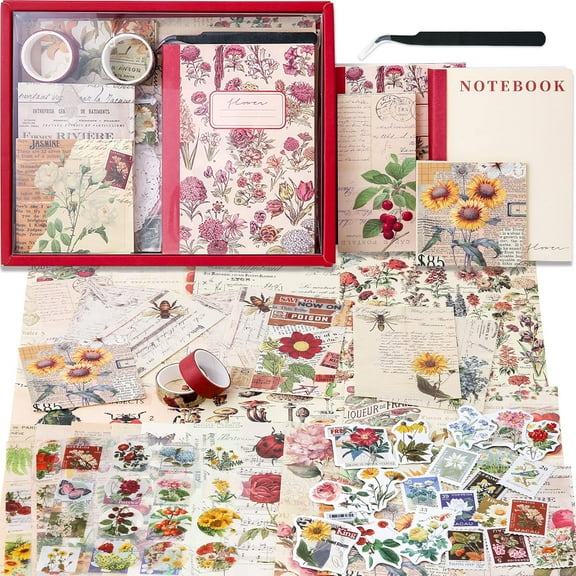 348 Pcs Scrapbooking Supplies Kit, Vintage Aesthetic Scrapbook Kit for Bullet Junk Journal, Stationery, A6 Grid Notebook, DIY Journaling Supplies, Birthday Craft Gift for Teen Girl Kid Women