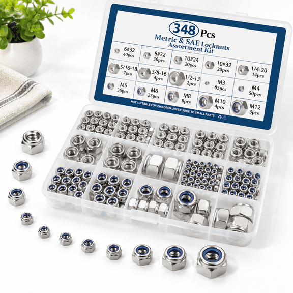 348-Piece SAE and Metric Nylon Insert Lock Nut Assortment Kit, 304 Stainless Steel