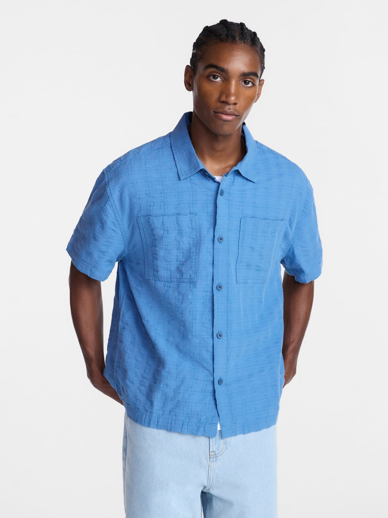 No Boundaries Textured Grid Boxy Fit Resort Shirt, Men's XS-5XL