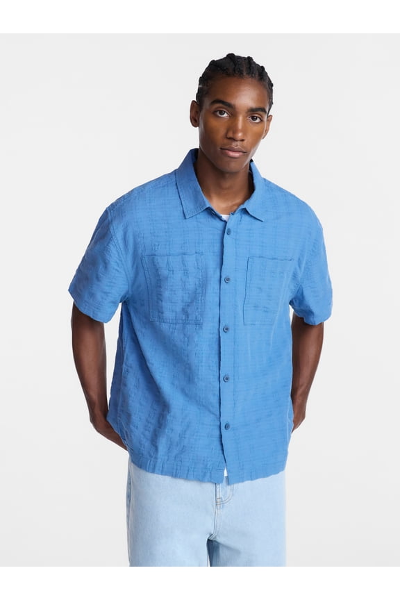 Textured Grid Boxy Fit Resort Shirt, Men's XS-5XL