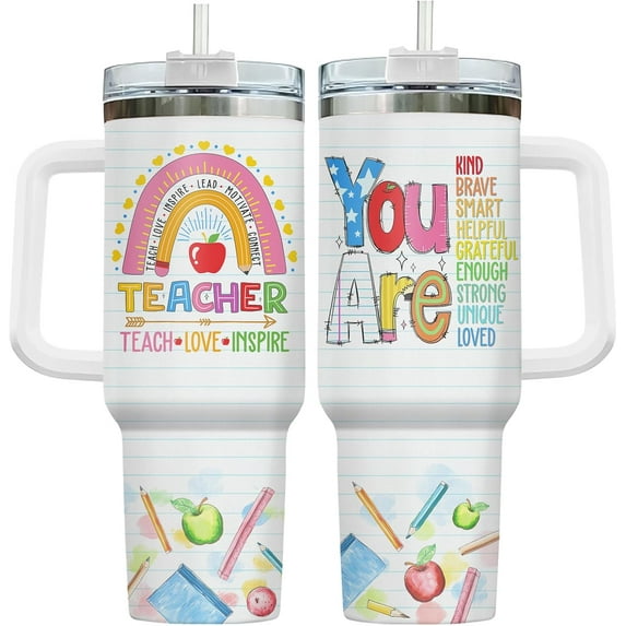 34HD Teacher Tumbler with Handle and Straw, 40 oz Insulated Cup for Educator, Teacher Coffee Travel Mug, Thank You Gifts for Teachers Day Appreciation
