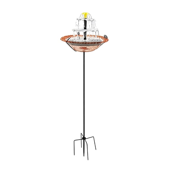 34IN Solar Powered Tiered Bird Bath Fountain, Outdoor Garden Water Feature with Ground Spike, Decorative Glass Basin for Patio and Yard,Pink