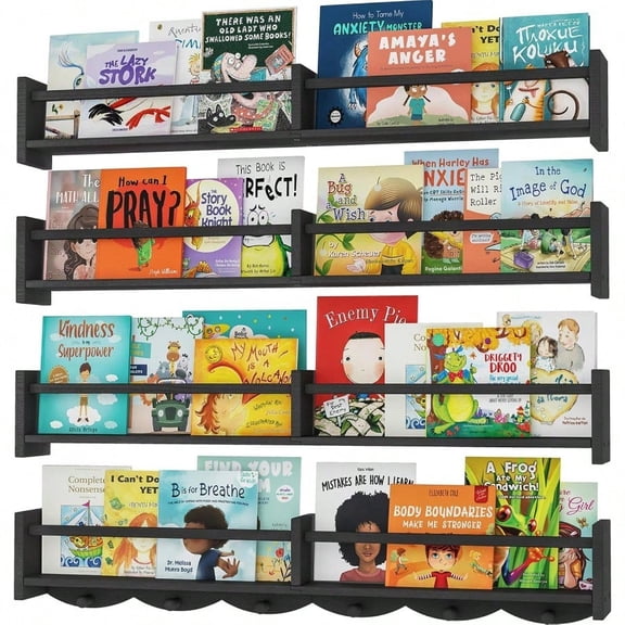 34Inch Nursery Booksheet of 4 Wall Floating Shelf Coat Rack with 6Hooks Hanging Book Shelf for  Nursery Room Dcor Patent Number: 29958098 Black 34