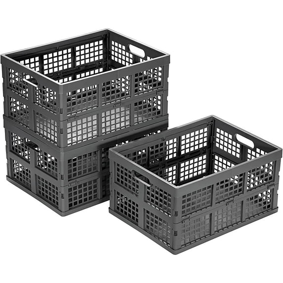 34L Large Plastic Folding Storage Crates,Collapsible Crates for Storage,Pack of 3 (Grey)