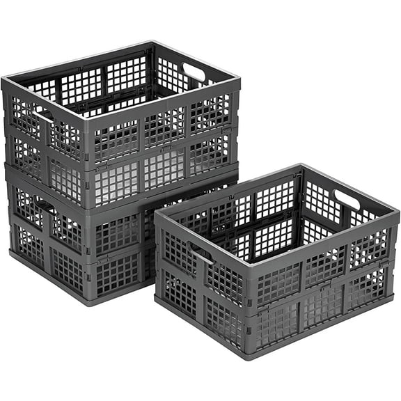 34L Large Plastic Folding Storage Crates,Collapsible Crates for Storage,Pack of 3 (Grey)