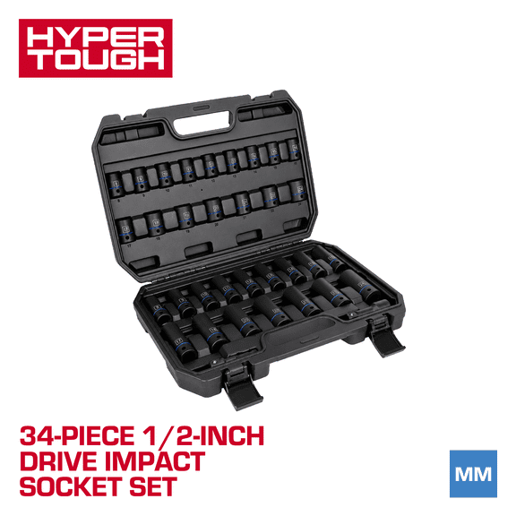 Hyper Tough 34-Piece 1/2-inch Drive Standard and Deep Impact Socket Set, MM
