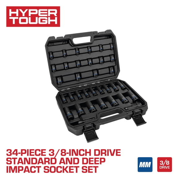 Hyper Tough 34-Piece 3/8-inch Drive Standard and Deep Impact Socket Set, MM