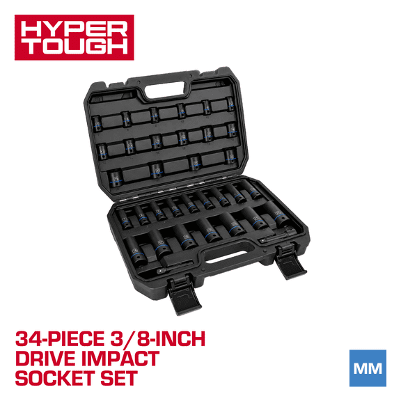 Hyper Tough 34-Piece 3/8-inch Drive Standard and Deep Impact Socket Set, MM