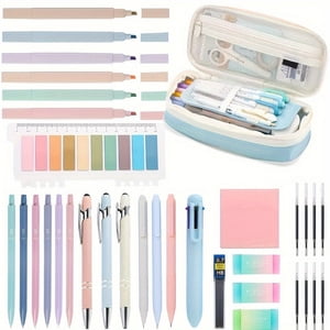 34PCS Aesthetic Pencil Case Supplies Cute Pencil Case Supplies with 6 Pastel Highlighters 6 Black Gel Pens 6 Mechanical Pencils College Essentials Bible Study Journaling Kit Birthday Gifts