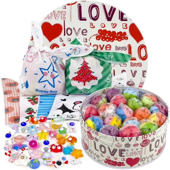34PCS Bath Bombs for Kids , Surprise Bath Bombs with Ocean Animals and Space Planet Toys Inside, Natural Organic Bubble Bath Fizzies, Gift Tin Box for Christmas Stock Stuffers