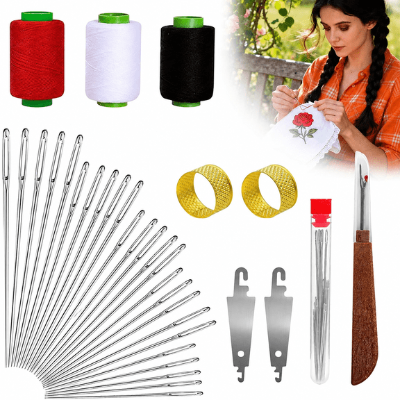 34PCS Big Eye Sewing Needle Kit, Stainless Steel Hand Sewing Needles Set, Large Eye Easy Threading Needles for Embroidery, Quilting, Repairs & DIY Crafts, Rust-Resistant, Senior & Low Vision Friendly