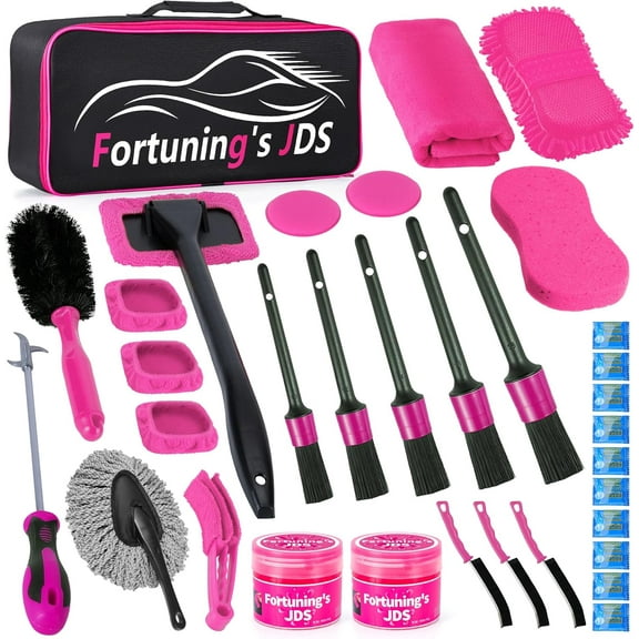 34PCS Car Detailing Brush Set, Car Detailing Kit, Car Detailing Brushes, Car Cleaning Kit, Professional Car Care kit - Car Wash Brush kit for Interior Exterior Wheels, Pink Car Accessories for Women