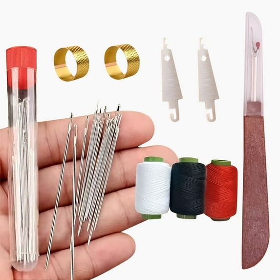 34PCS Sewing Tool Set, Big Eye Steel Sewing Needles Kit All-in-One Sewing Kit, Include 25 Steel Needles, 1 Seam Sewing Thread Ripper, 2 Needle Threaders, 3 Threads, 2 Thimbles, DIY Crafting Kit