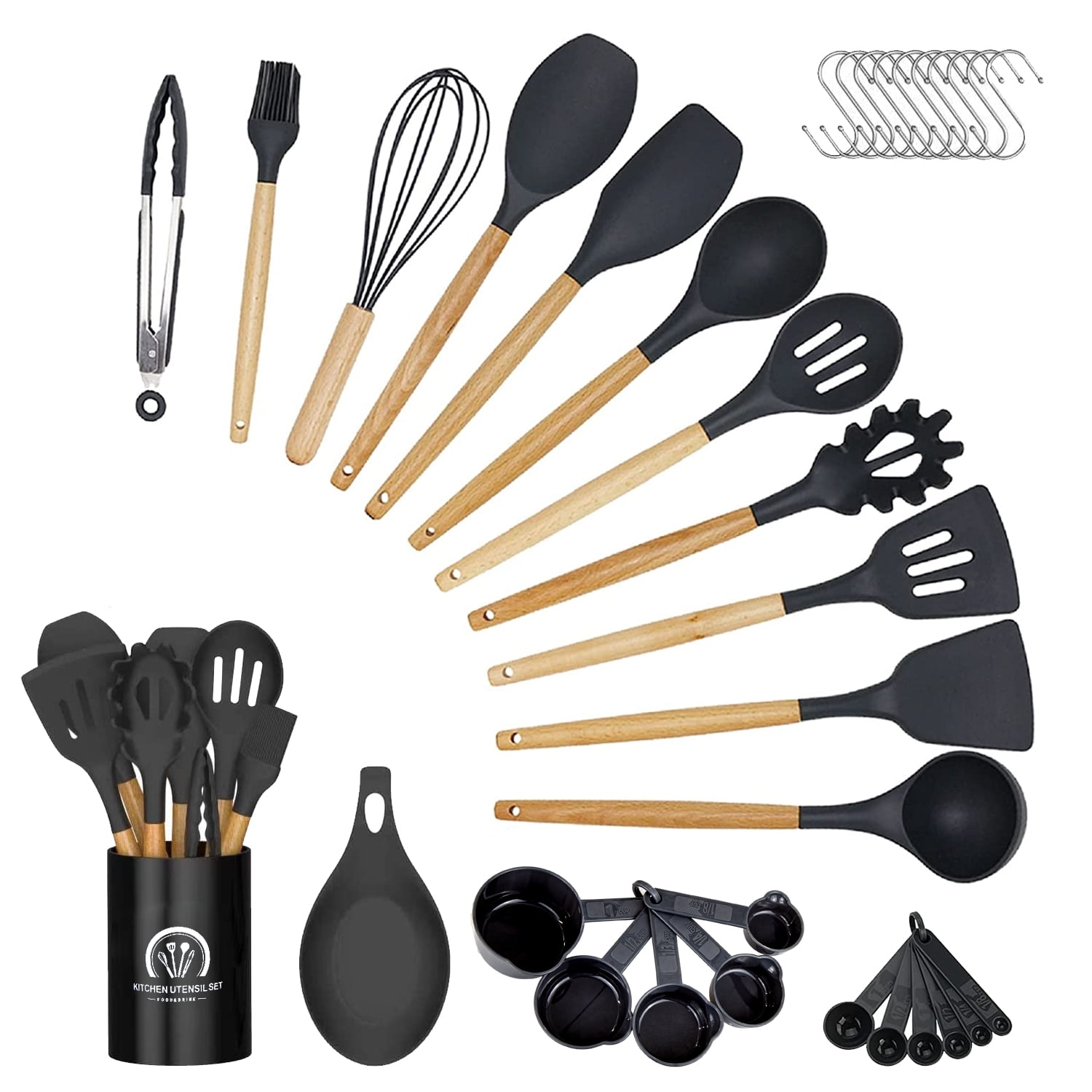 34PCS Silicone Cooking Utensils Set, 446°F Heat Resistant Wooden Handle Cooking Kitchen Utensils Spatula Set with Holder for Nonstick Cookware,Dishwasher Safe (BPA Free),Black
