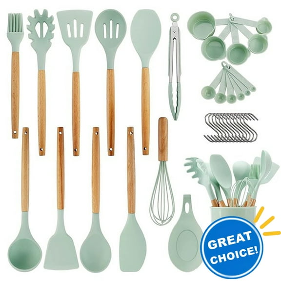 34PCS Silicone Cooking Utensils Set, 446°F Heat Resistant Wooden Handle Cooking Kitchen Utensils Spatula Set with Holder for Nonstick Cookware,Dishwasher Safe (BPA Free),Green