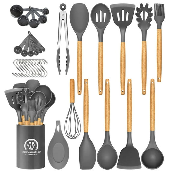 34PCS Silicone Cooking Utensils Set, 446°F Heat Resistant Wooden Handle Cooking Kitchen Utensils Spatula Set with Holder for Nonstick Cookware,Dishwasher Safe (BPA Free),Gray